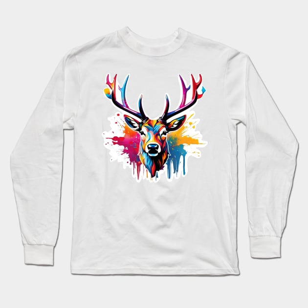 Stag Head Dripping Rainbow Graffiti Long Sleeve T-Shirt by VictoriaLehnard